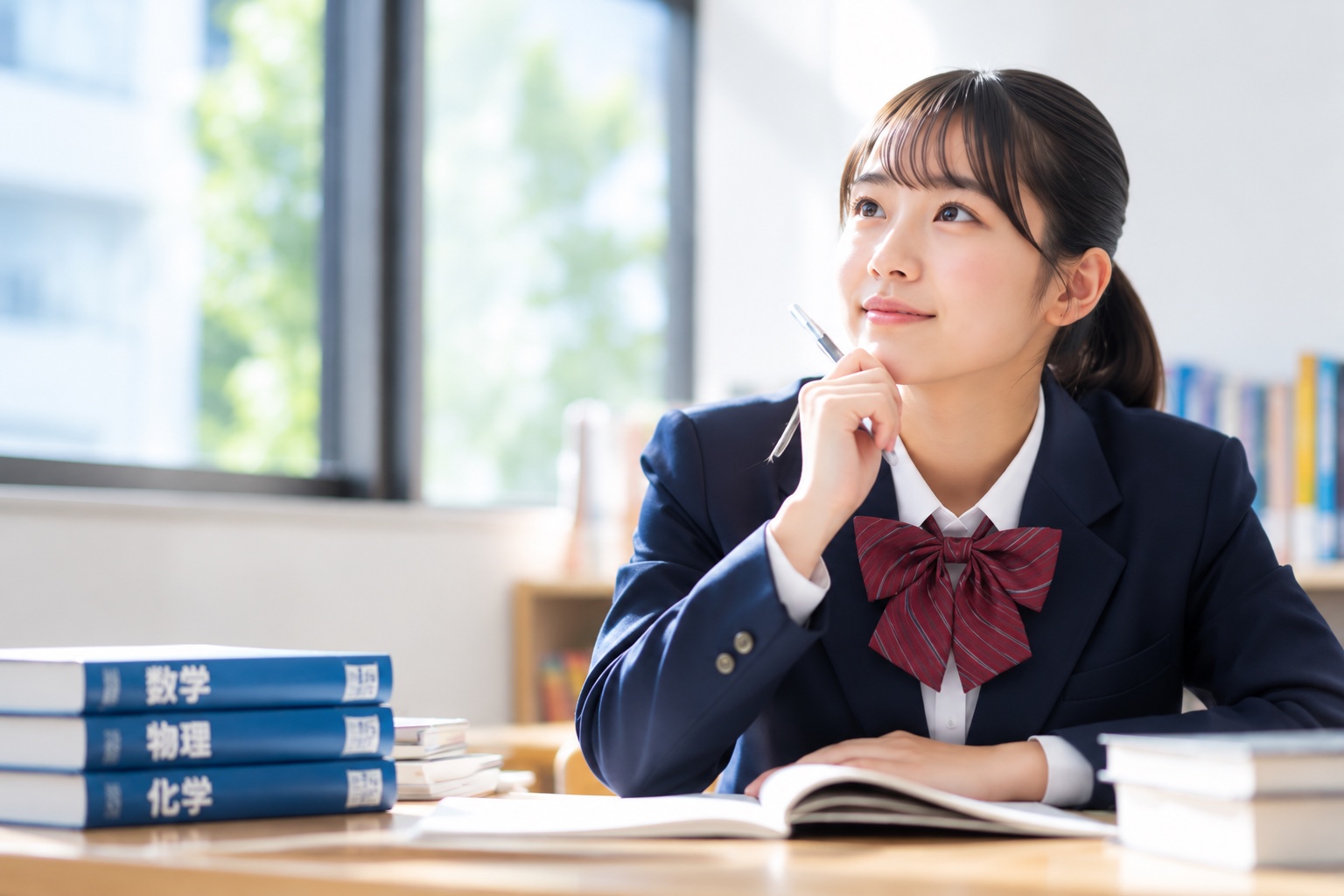 窓辺の机で数学・物理・化学の参考書を広げて考えている制服姿の高校生